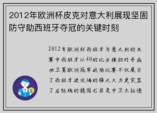 2012年欧洲杯皮克对意大利展现坚固防守助西班牙夺冠的关键时刻